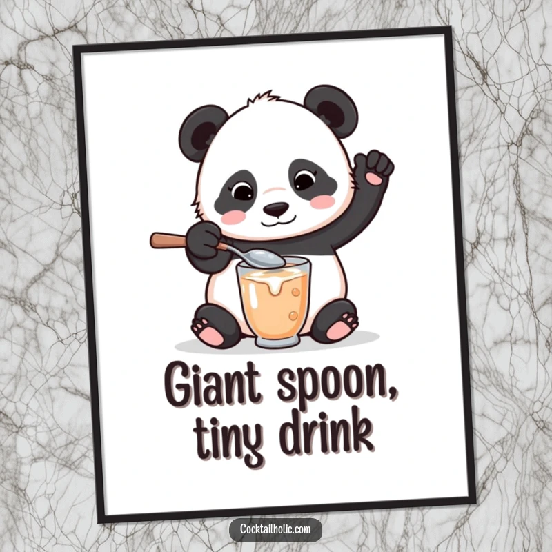 Funny poster art of a playful panda bear with a comically oversized spoon, mixing a drink and spilling a little, bringing cheer.