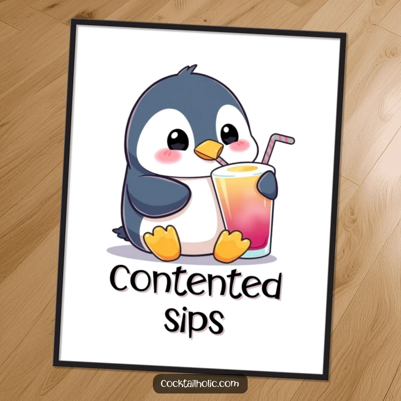 Funny Penguin Sipping Poster: A charming illustration of a penguin joyfully sipping a colorful beverage, bringing a touch of cute, funny happiness to any wall.
