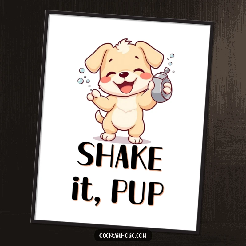 Joyful puppy character energetically shaking a cocktail shaker, spraying tiny bubbles, whimsical art print for wall decor.