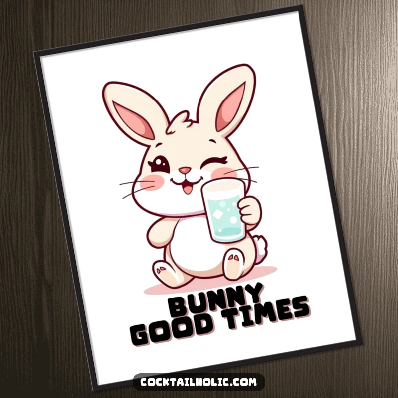 Funny rabbit poster depicting a cheerful character winking with a frosted glass, adding playful charm to wall decor.