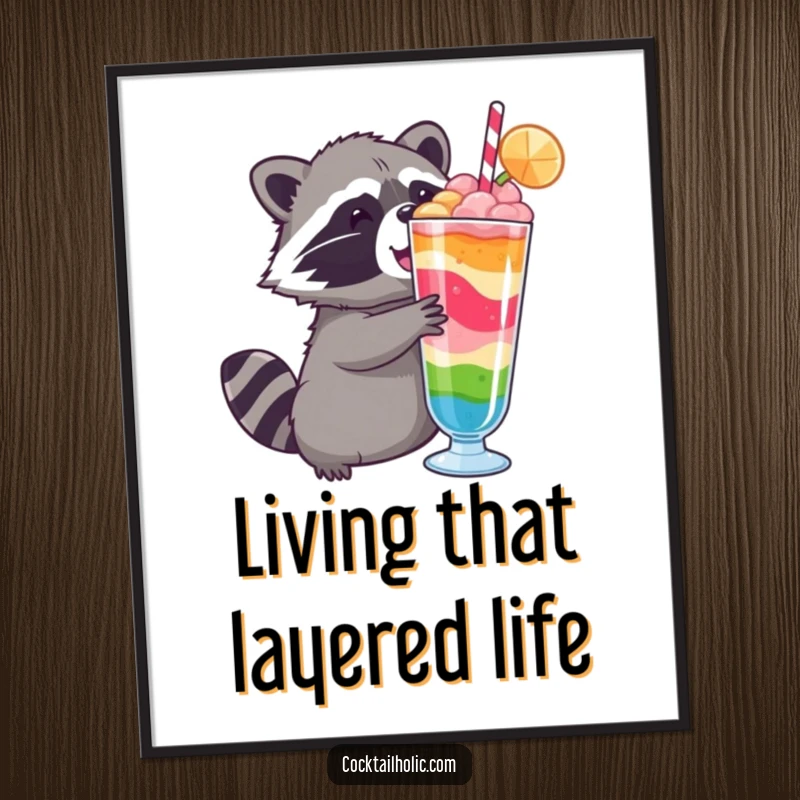 Funny raccoon poster, vividly depicts a raccoon's comical reach for a tantalizing layered drink, full of humorous longing.