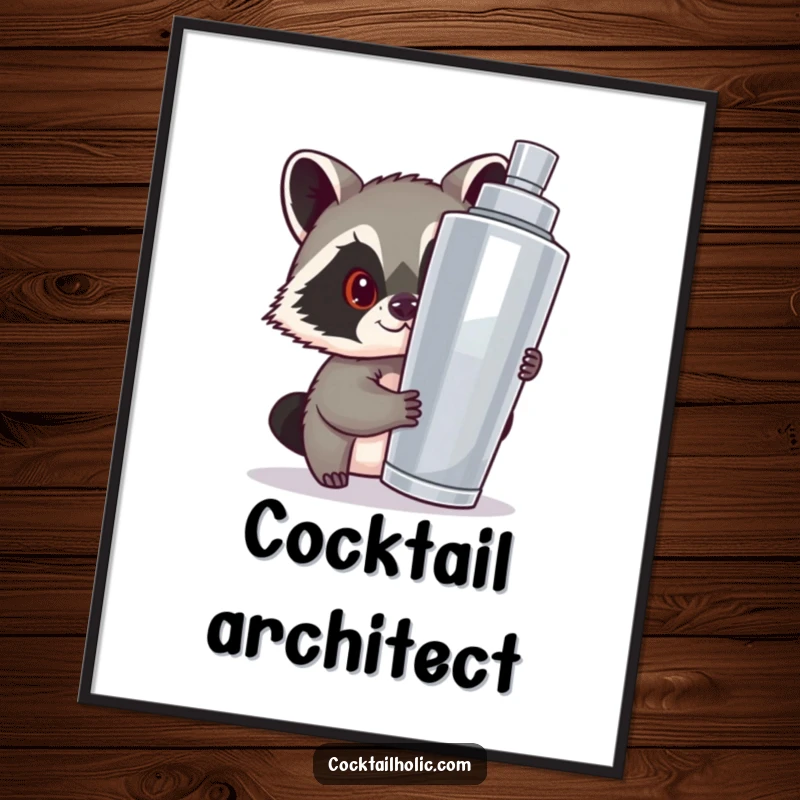 Funny poster art of a mischievous raccoon peeking from behind a giant cocktail shaker, full of playful intrigue.