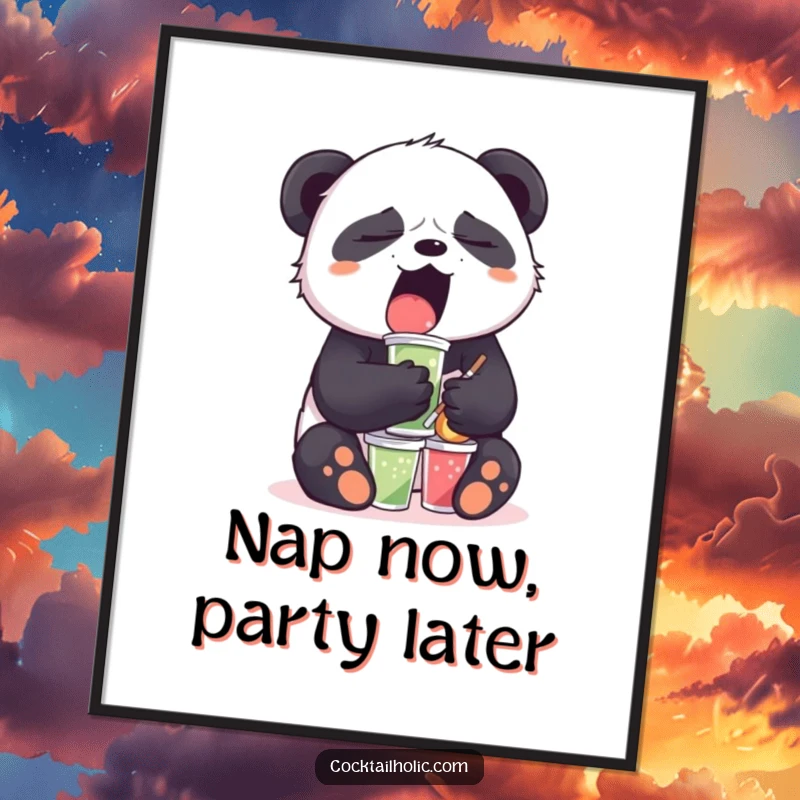 Funny Sleepy Panda Poster: A yawning panda balances mini drinks, bringing a sweet, humorous, and relatable vibe to wall art.