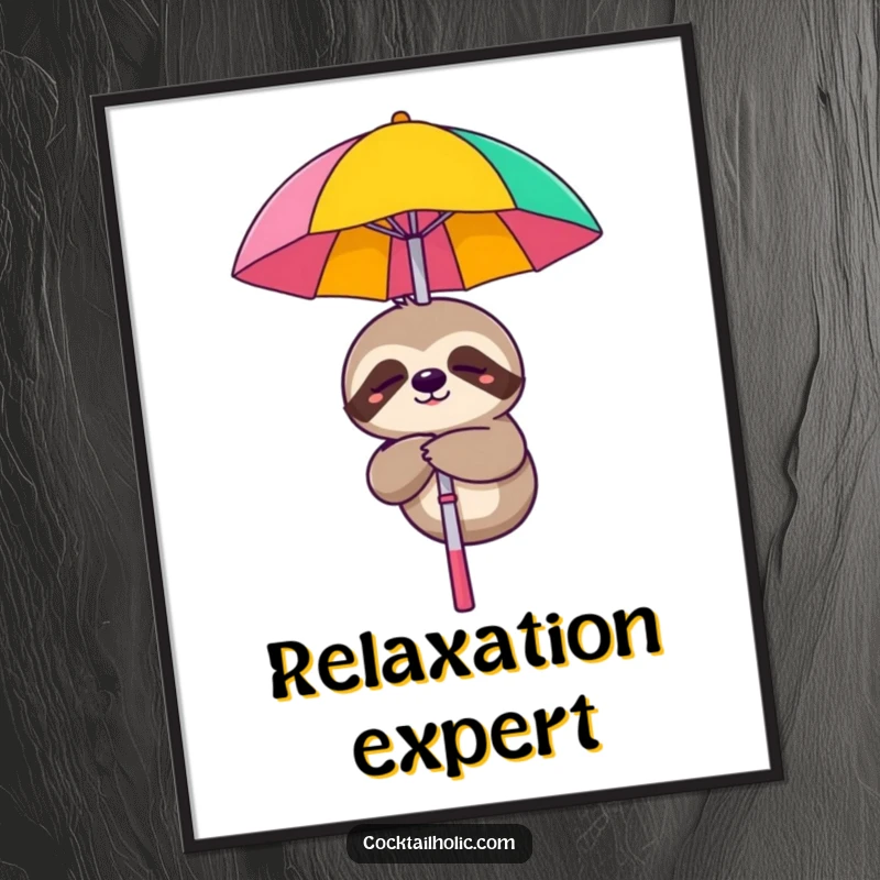 Funny poster art of a sleepy sloth character smiling while dangling from a cocktail umbrella, for relaxed decor.