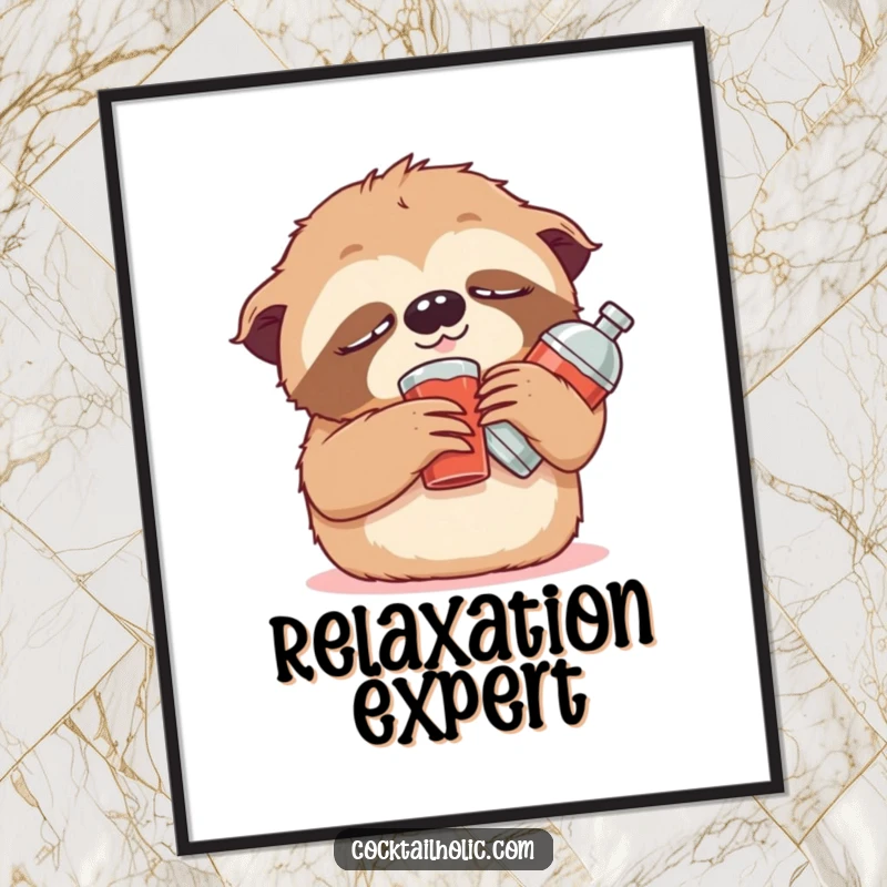 Funny Poster illustrating a cute, drowsy sloth character comfortably propped up with a small stuffed cocktail shaker, embodying ultimate chill.