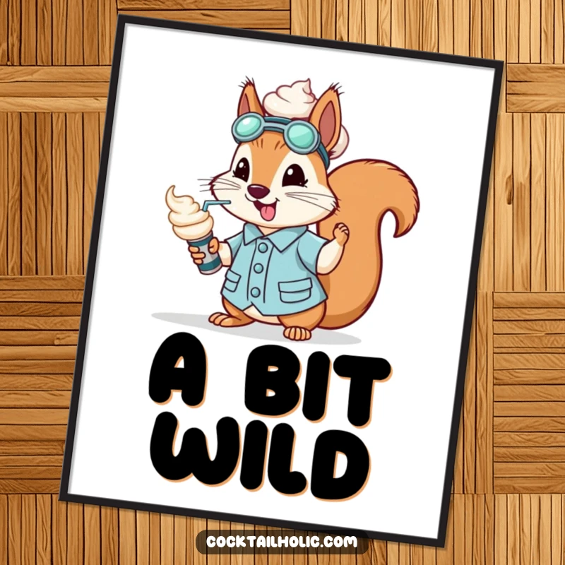 Funny squirrel dressed as a mixologist, spraying whipped cream from a can, presented as a poster.