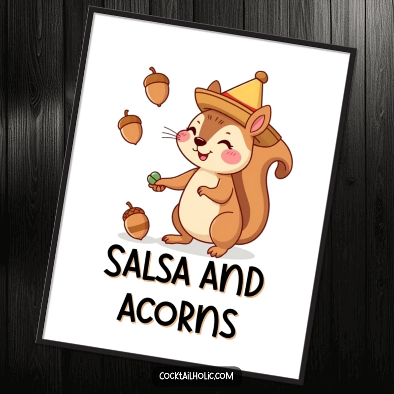 Funny poster art of a cheerful squirrel in a sombrero juggling acorns, perfect for adding festive humor.