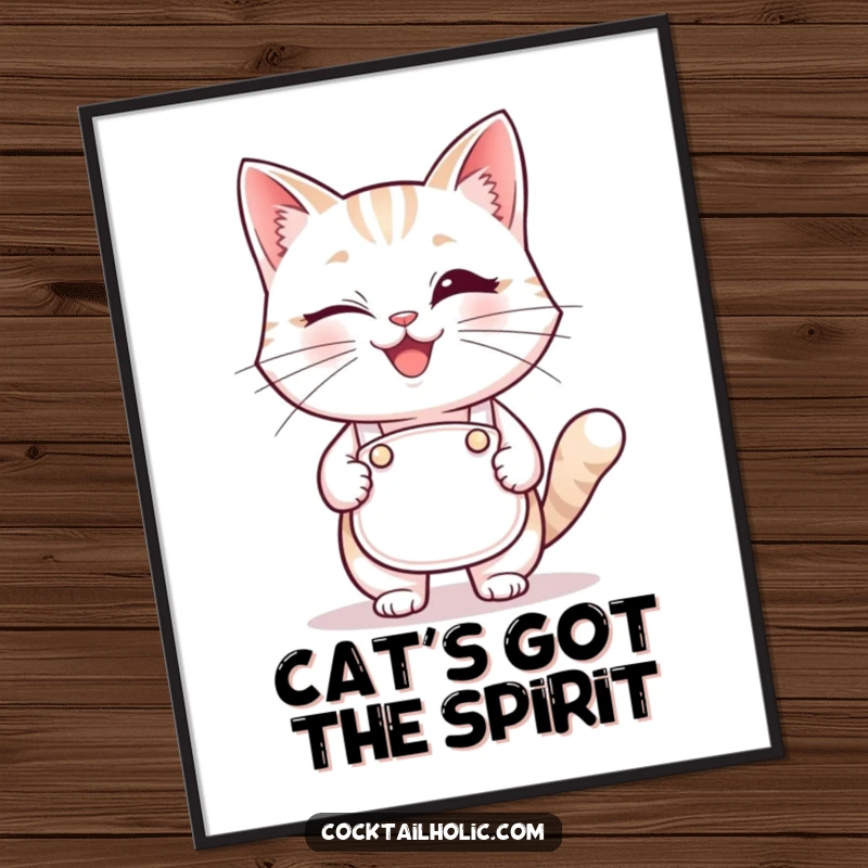 Funny winking cat bartender poster, humorous wall decor featuring a charming feline mixologist.