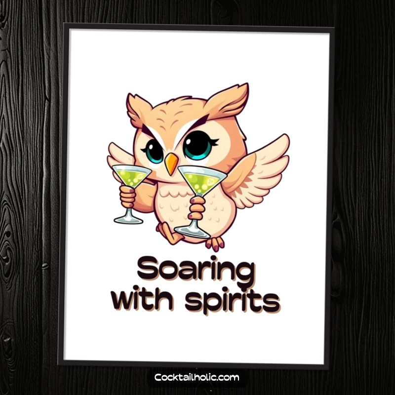 Funny poster art of a winking owl character soaring with a martini glass, conveying witty sophistication.