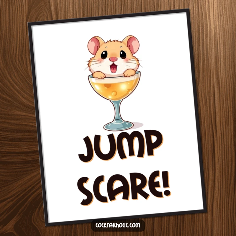 Funny hamster poster, showing a hamster comically emerging from a small cocktail glass with a look of utter surprise.