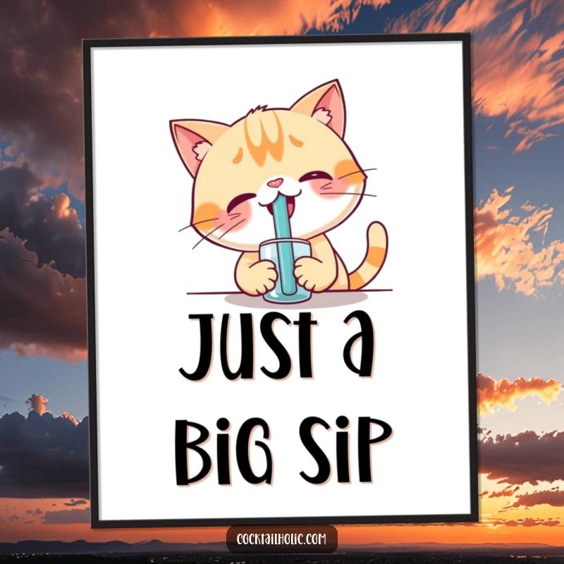 Funny poster showing a giggling cat trying to drink with a comically large straw, a delightful piece of art.
