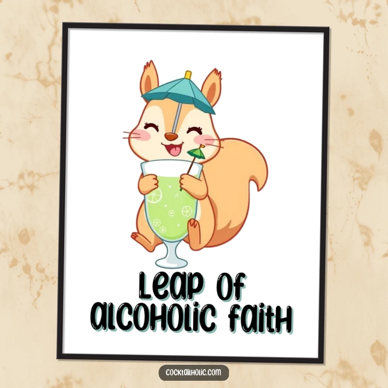 Funny poster artwork of a cheerful squirrel leaping joyfully while holding a drink with a tiny umbrella, capturing pure delight.