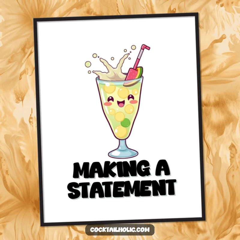 Funny Kawaii cocktail glass with a playful splash, enthusiastically mixing ingredients, energetic and humorous wall art.