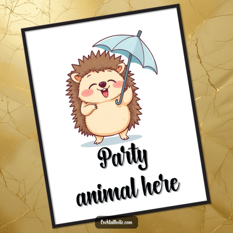 Funny poster print of a giggling hedgehog performing a silly dance, holding a miniature umbrella with glee.