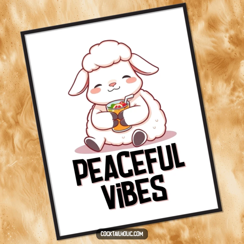 Funny Sheep Poster: Contented sheep relaxing with a small, fruity beverage, serene wall art with a touch of humor.