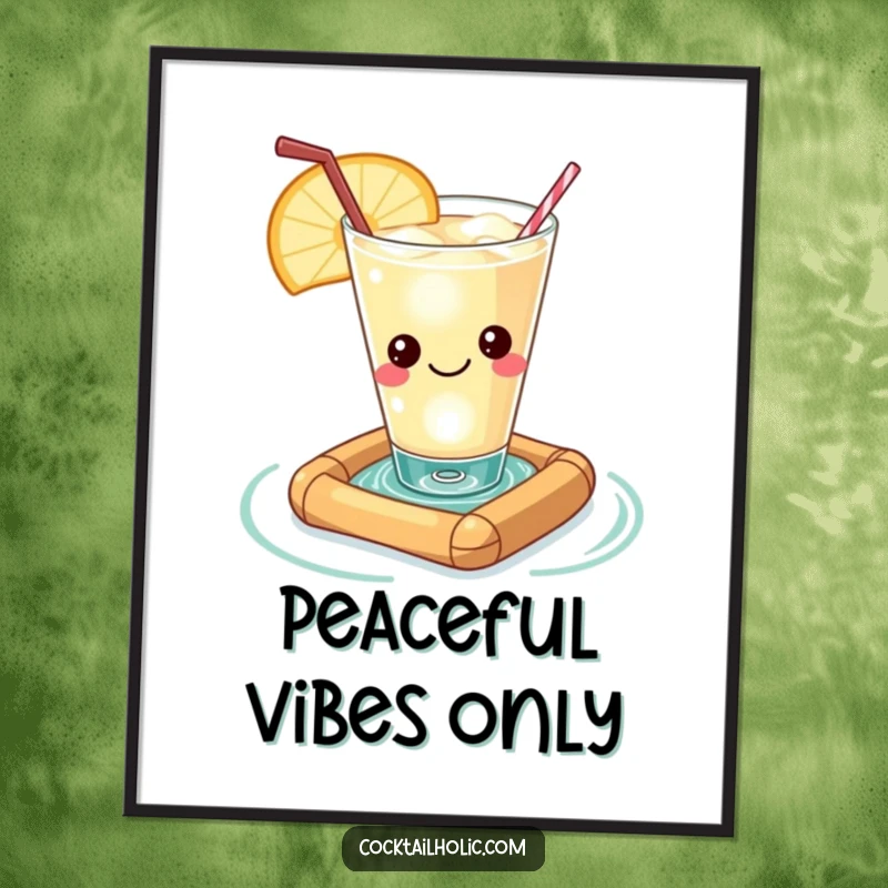 Funny Kawaii cocktail glass with a contented smile, floating on a miniature raft, humorous and peaceful wall art.