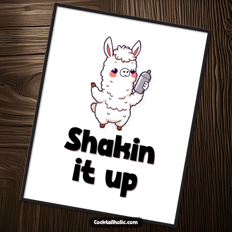 Funny Wobbly Llama Poster: A delightful llama character captured mid-shake with a cocktail shaker, radiating pure, unadulterated fun and party vibes.