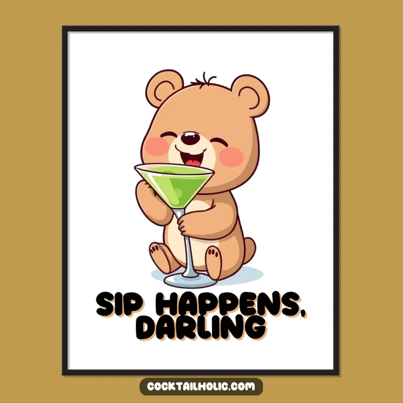 Funny Bear Martini Poster: Charming & Hilarious Cocktail Art, Unique Gift Idea