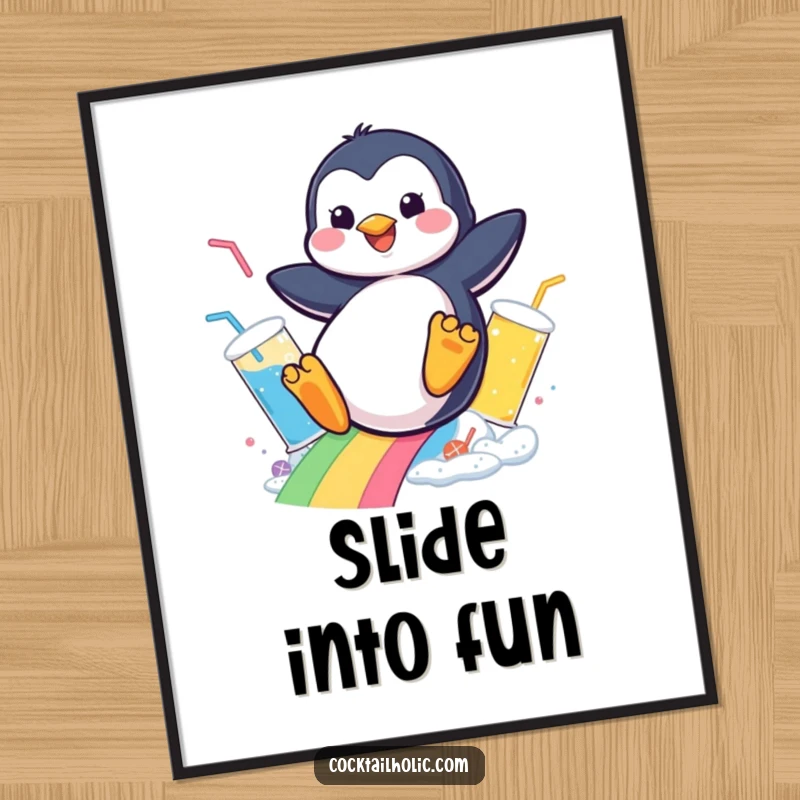 Funny poster showcasing a happy penguin sliding down a colorful rainbow of effervescent drinks, a delightful wall art.