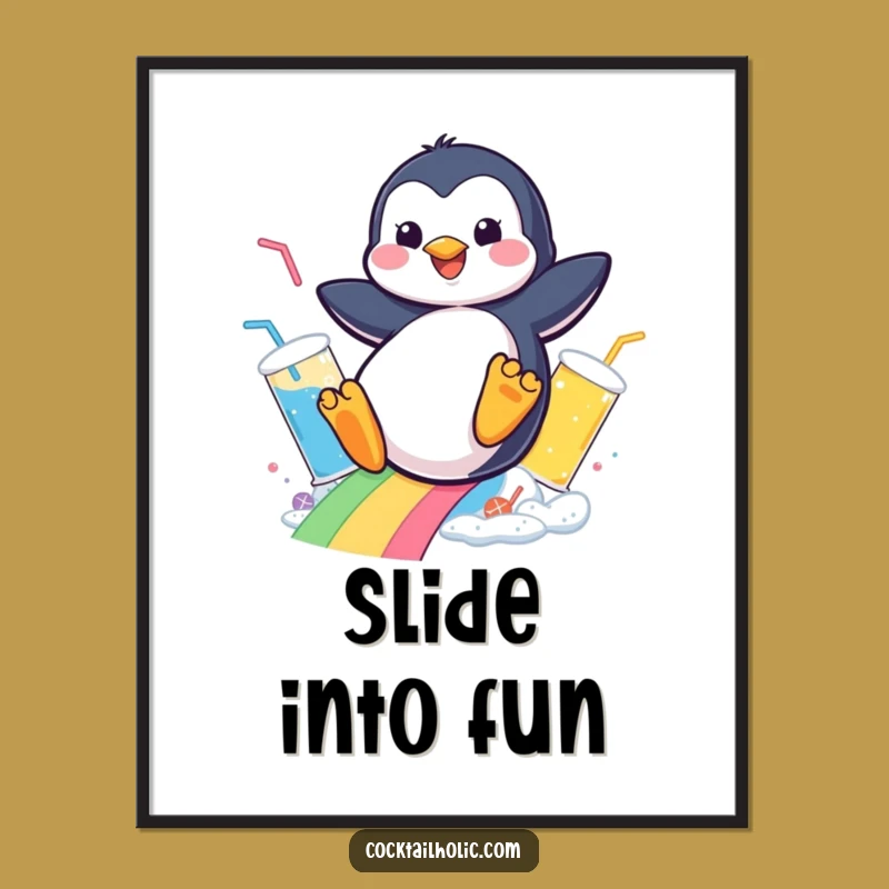Funny Penguin Drink Slide Poster - Cheerful Arctic Fun for Your Wall Decor