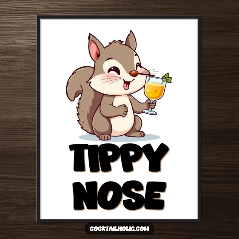 Funny Squirrel Cocktail Poster: A whimsical illustration of a squirrel masterfully balancing a cocktail on its nose, radiating playful mischief and artistic humor.