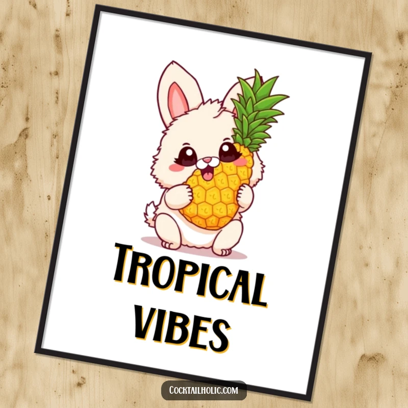 Funny Poster of a fluffy bunny with big, excited eyes, happily twirling a pineapple, bringing tropical vibes and cheerful energy.