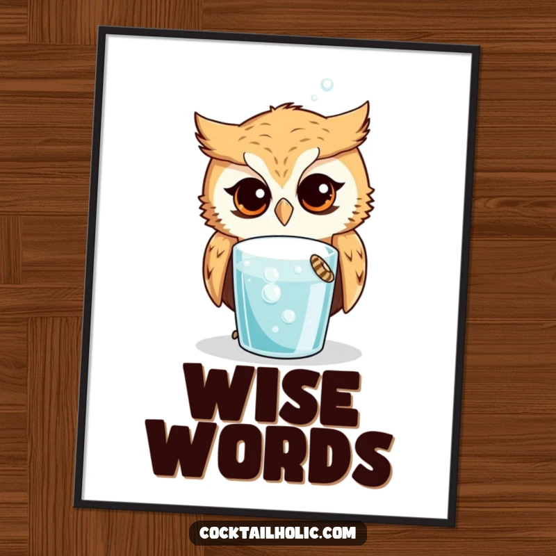 Funny Owl Poster: Curious owl looking intently at a bubbling drink, intriguing wall art with a humorous touch.