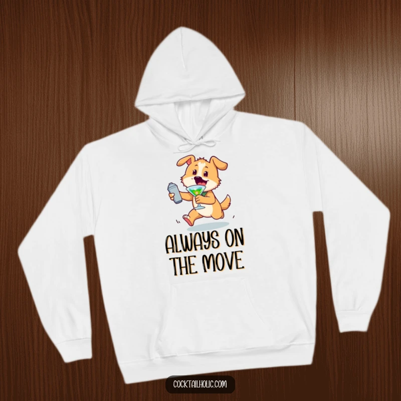 Funny dog hoodie featuring an energetic character pursuing a cocktail shaker, blending warmth with playful humor as a funny gift.