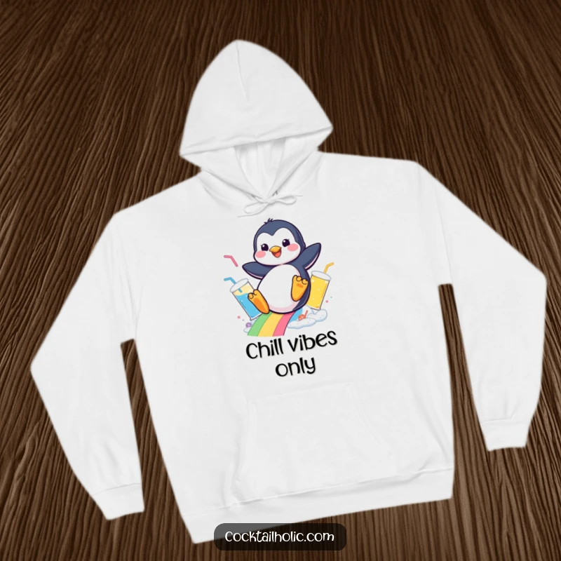 Funny hoodie with a cheerful penguin descending a rainbow of bubbly drinks, a warm and humorous apparel choice.