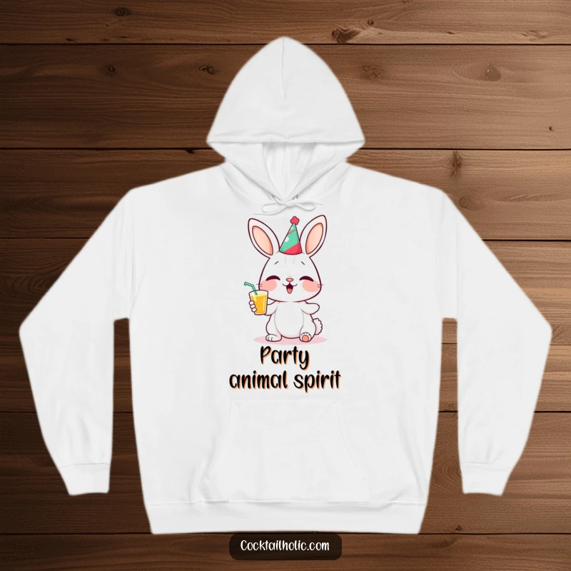 Funny bunny hoodie with a giggling bunny character wearing a small party hat and holding a drink, perfect for cozy celebrations.