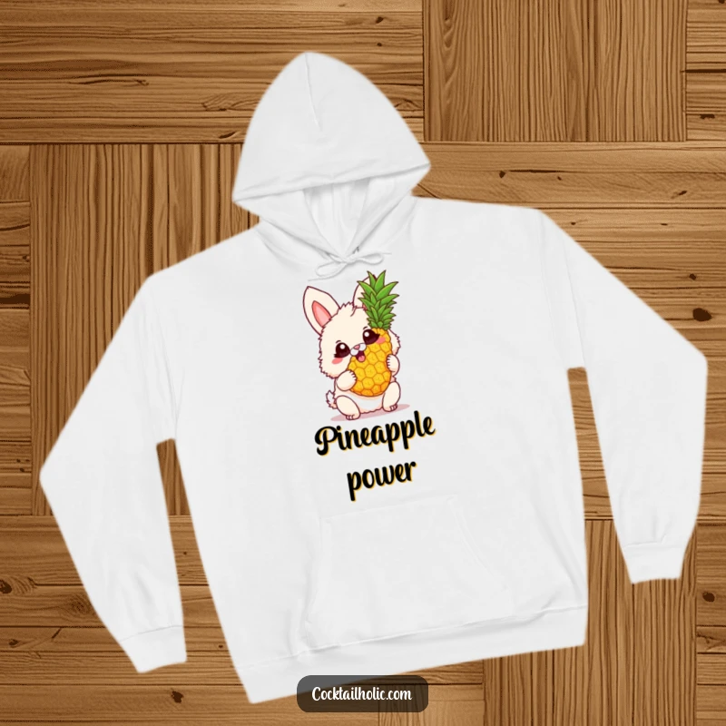 Funny Hoodie with a fluffy bunny, big excited eyes, holding a twirling pineapple, offering cozy comfort and tropical cheer.