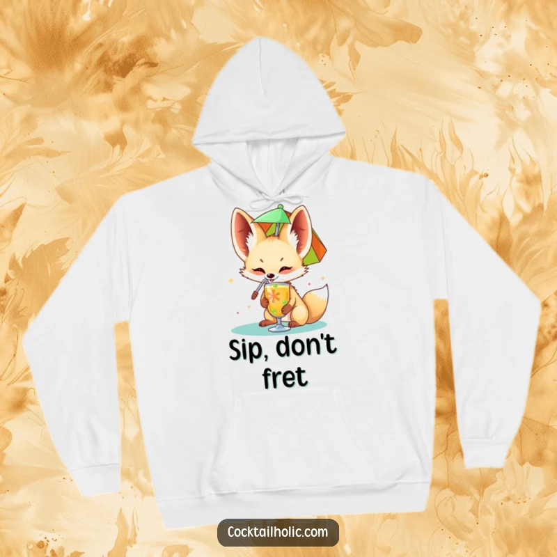 Funny fennec fox hoodie happily sipping from a colorful drink umbrella, a warm and humorous garment.