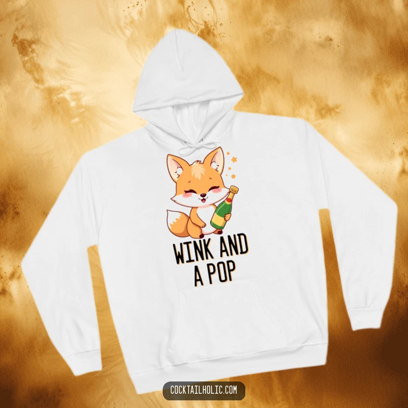 Funny fox hoodie featuring a cheerful fox winking while holding a tiny champagne bottle, perfect for cozy celebrations.