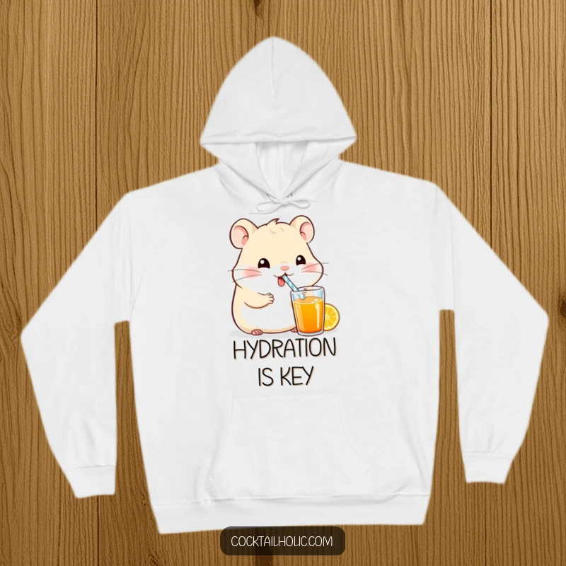 Funny hamster character sipping a bright drink through a small straw, printed on a cozy hoodie, showcasing pure happiness.