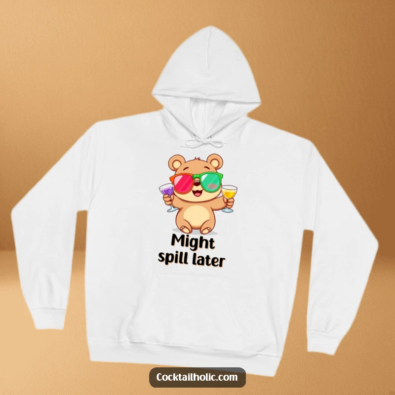 Funny Hoodie depicting a rosy-cheeked cartoon bear expertly juggling vibrant cocktail glasses, offering warmth and a dose of hilarious cheer.