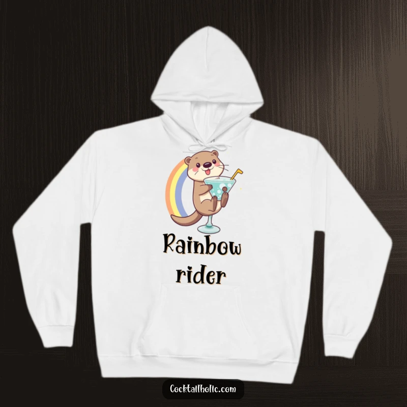 Funny otter sliding down a rainbow into a bubbly cocktail, featured on a warm and comfortable hoodie.