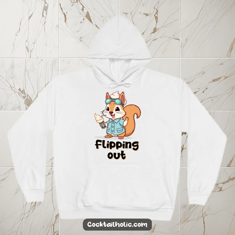 Funny squirrel dressed as a mixologist, spraying whipped cream from a can, on a cozy hoodie.
