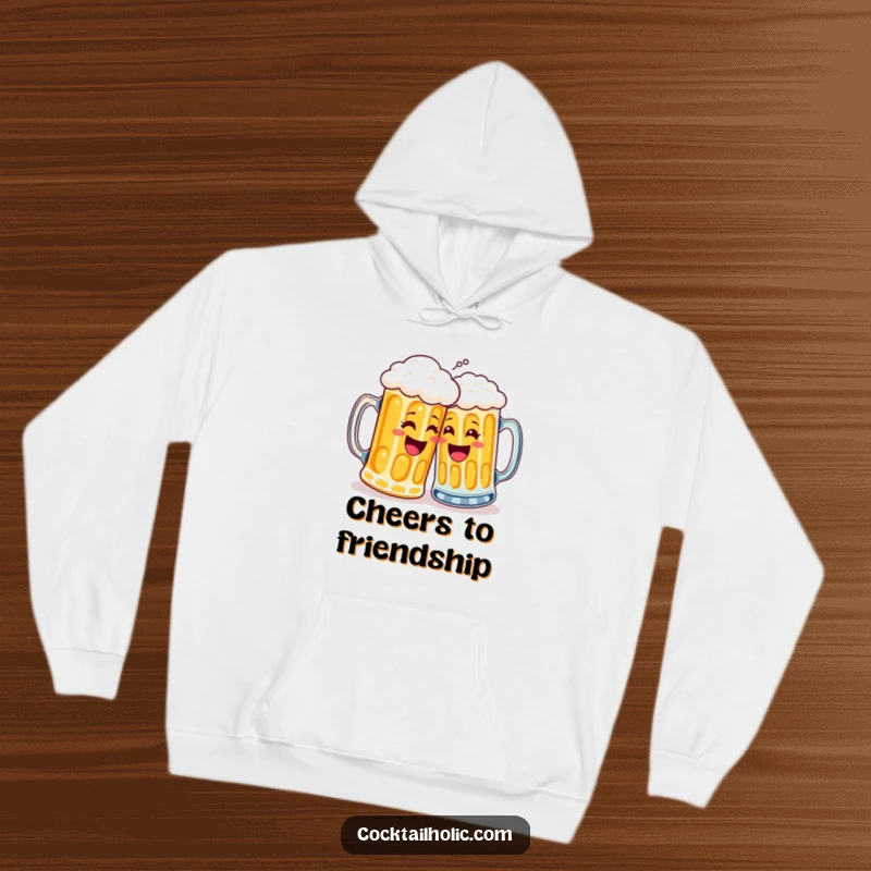 Funny hoodie depicting two smiling beer mugs enthusiastically high-fiving, perfect for cold days and warm laughs, a great gift.