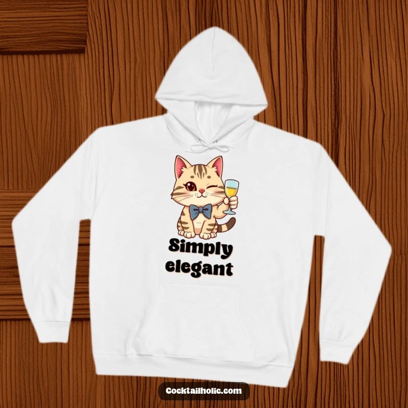 Funny cat wearing a bow tie, raising a glass with a wink, on a cozy hoodie.