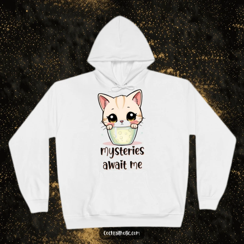 Funny cat hoodie, depicting a wide-eyed feline investigating a glass of bubbly liquid, suggesting cozy nocturnal investigations.
