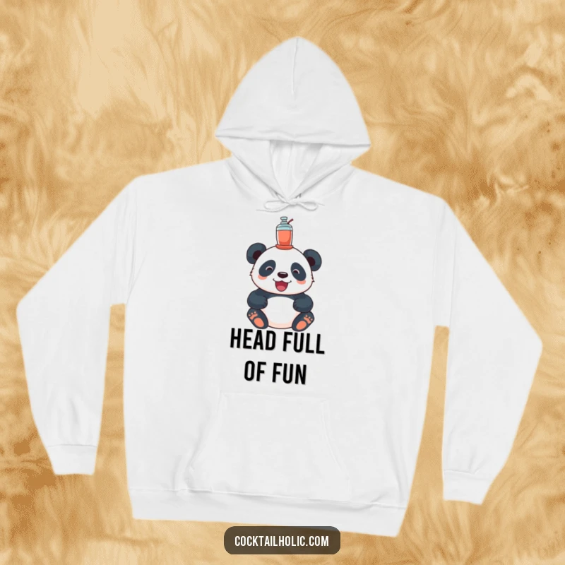 Funny panda hoodie, featuring a delighted panda balancing a small cocktail shaker on its head, a symbol of cozy joy.