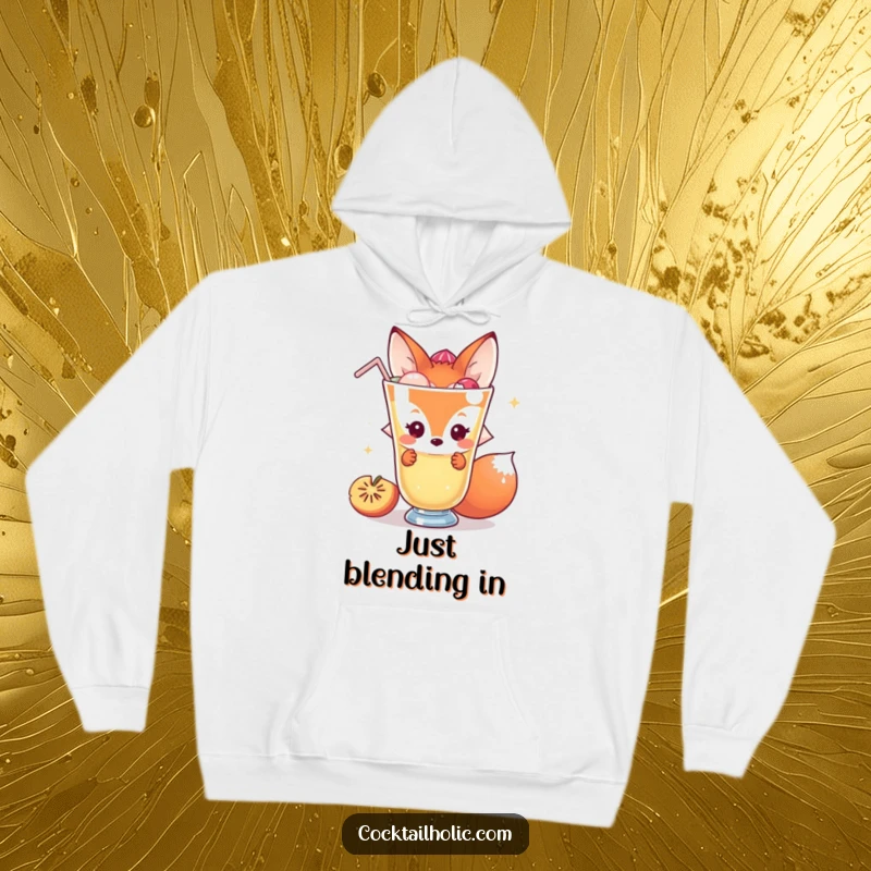 Funny fox hoodie with a shy character peeking behind a giant cocktail, blending cozy comfort with subtle humor.