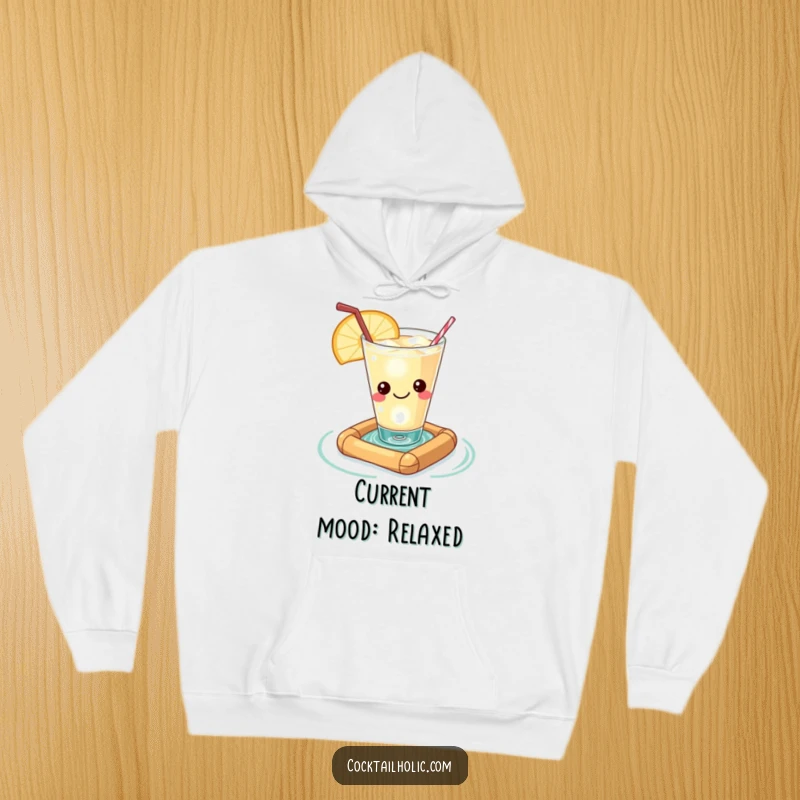 Funny Kawaii cocktail glass with a contented smile, floating on a miniature raft, a cozy and humorous hoodie.