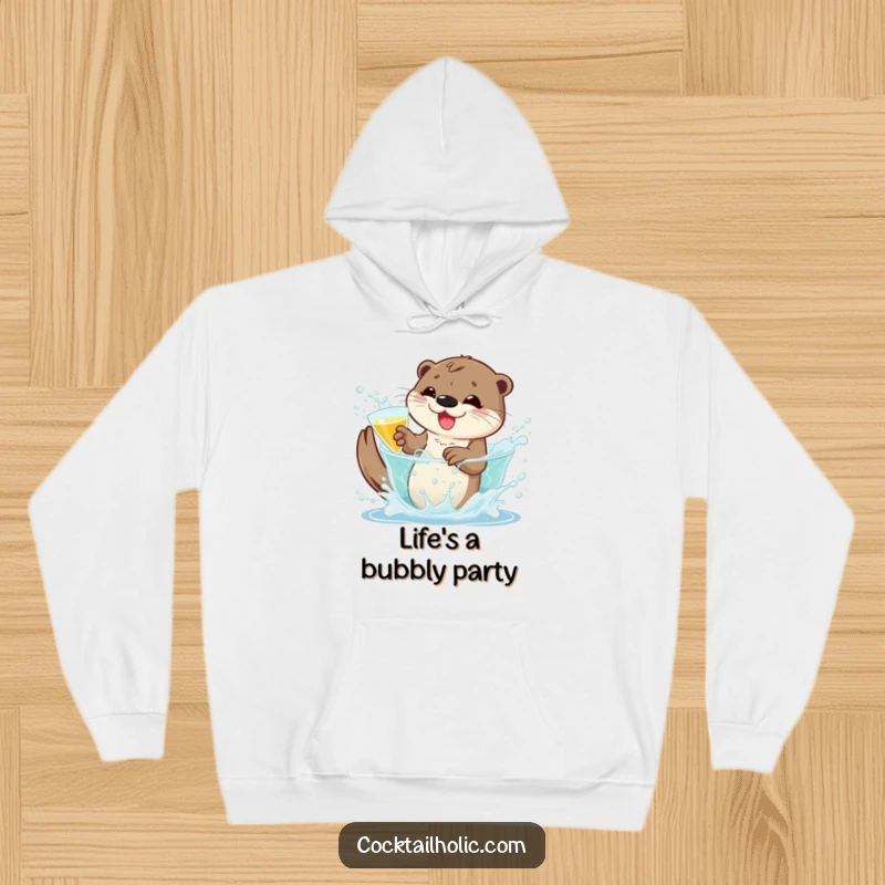 Funny otter hoodie with a playful character splashing in a bubbly cocktail, blending cozy comfort with bubbly humor.