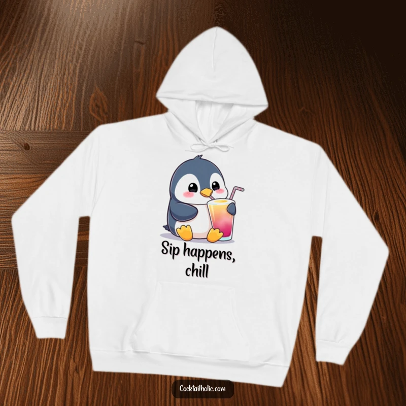 Funny Penguin Sipping Hoodie: A soft hoodie featuring a content penguin sipping a vibrant drink, perfect for cozying up with a humorous and cute design.