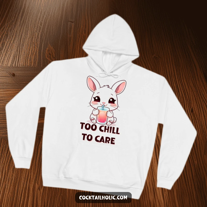 Funny hoodie featuring a content rabbit sipping a drink via straw, offering warmth and a humorous, relaxed vibe.