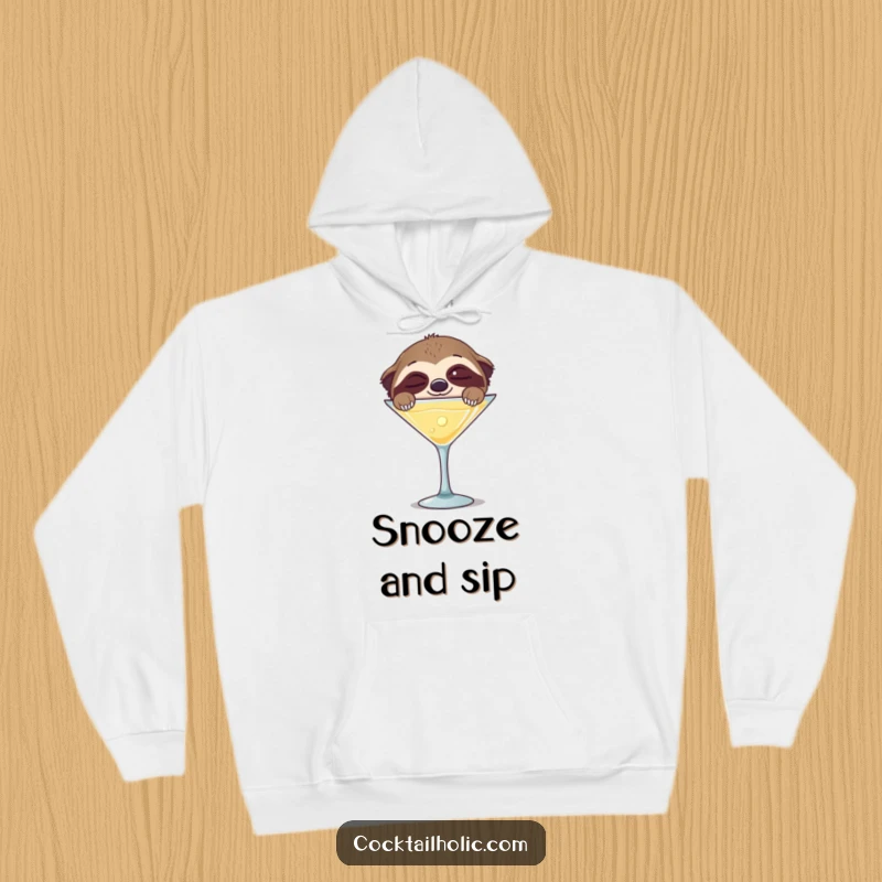 Funny, cozy hoodie featuring a sleepy sloth's happy face peeking over a giant martini glass.