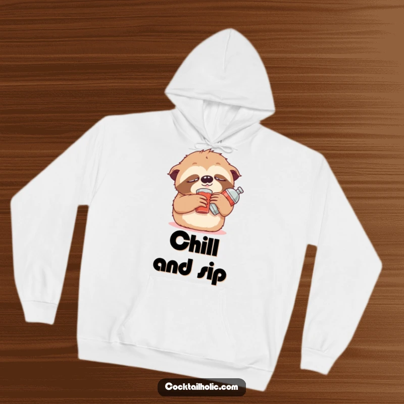 Funny Hoodie featuring a cute, drowsy sloth character propped up with a small stuffed cocktail shaker, designed for maximum coziness and humor.