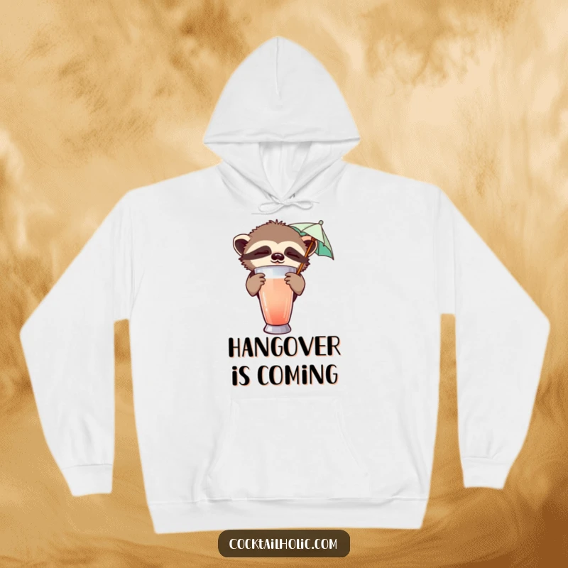 Funny hoodie featuring a sleepy sloth peeking from behind a cocktail shaker, holding a tiny umbrella, perfect for cozy relaxation.