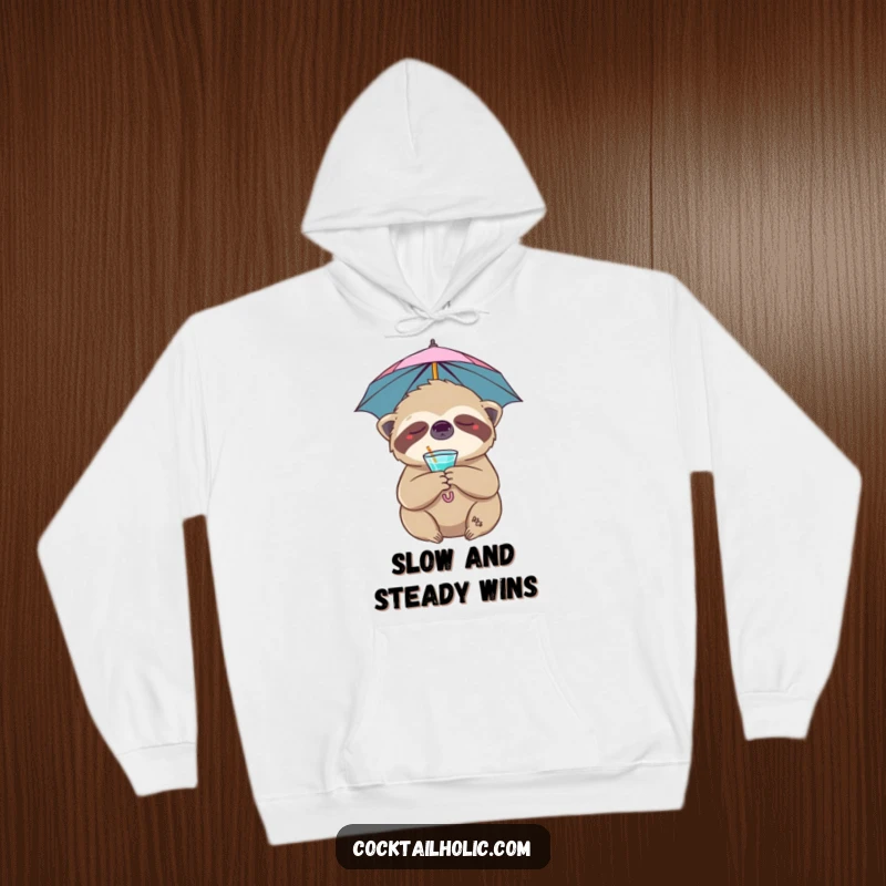 Funny sloth hoodie with a relaxed character sporting a cocktail umbrella, offering warmth and humor as a perfect funny gift.